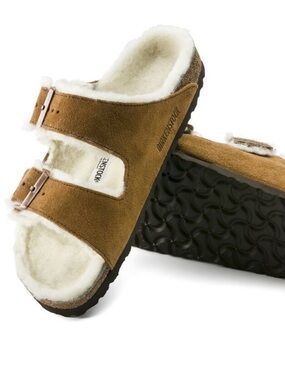 Birkenstock Arizona Shearling Suede Leather Slide in Mink NWOT